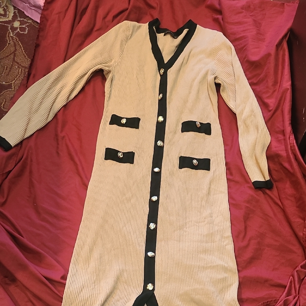 Almost Famous Beige Knit Cardigan with Black Accents